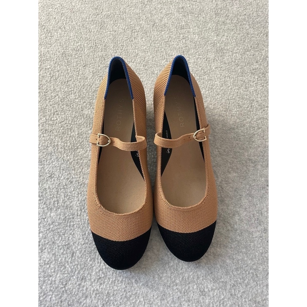Rothys The Mary Jane Camel Captoe Block Heel Shoes Tan Black Size 6.5